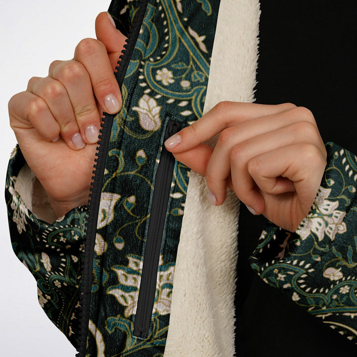 Green Persian Carpet Cuddle Coat | Unisex Minky Sherpa Lined Coat with Hood, Zipper and Pockets | Women and Mens Festival Coat | Mountain Fashion
