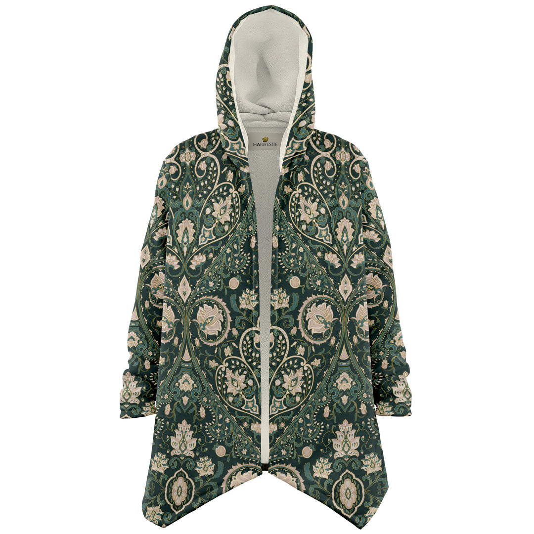 Green Persian Carpet Cuddle Cloak | Unisex Minky Sherpa Lined Coat with Hood, Zipper and Pockets | Women and Mens Festival Coat | Mountain Fashion