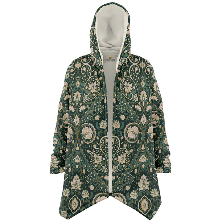 Green Persian Carpet Cuddle Cloak | Unisex Minky Sherpa Lined Coat with Hood, Zipper and Pockets | Women and Mens Festival Coat | Mountain Fashion