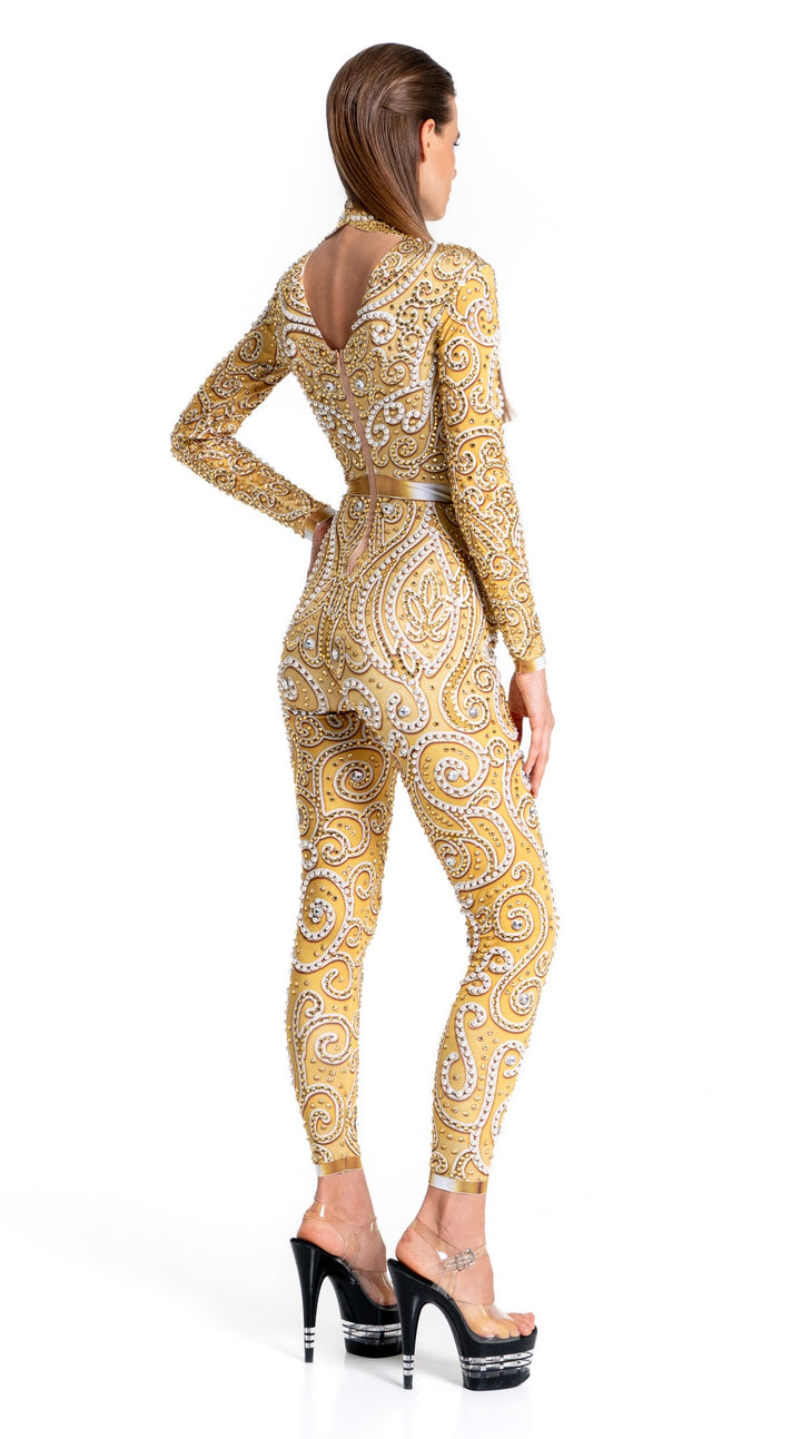 Back of Luxury gold pearl bodysuit – Venus Festival Outfit