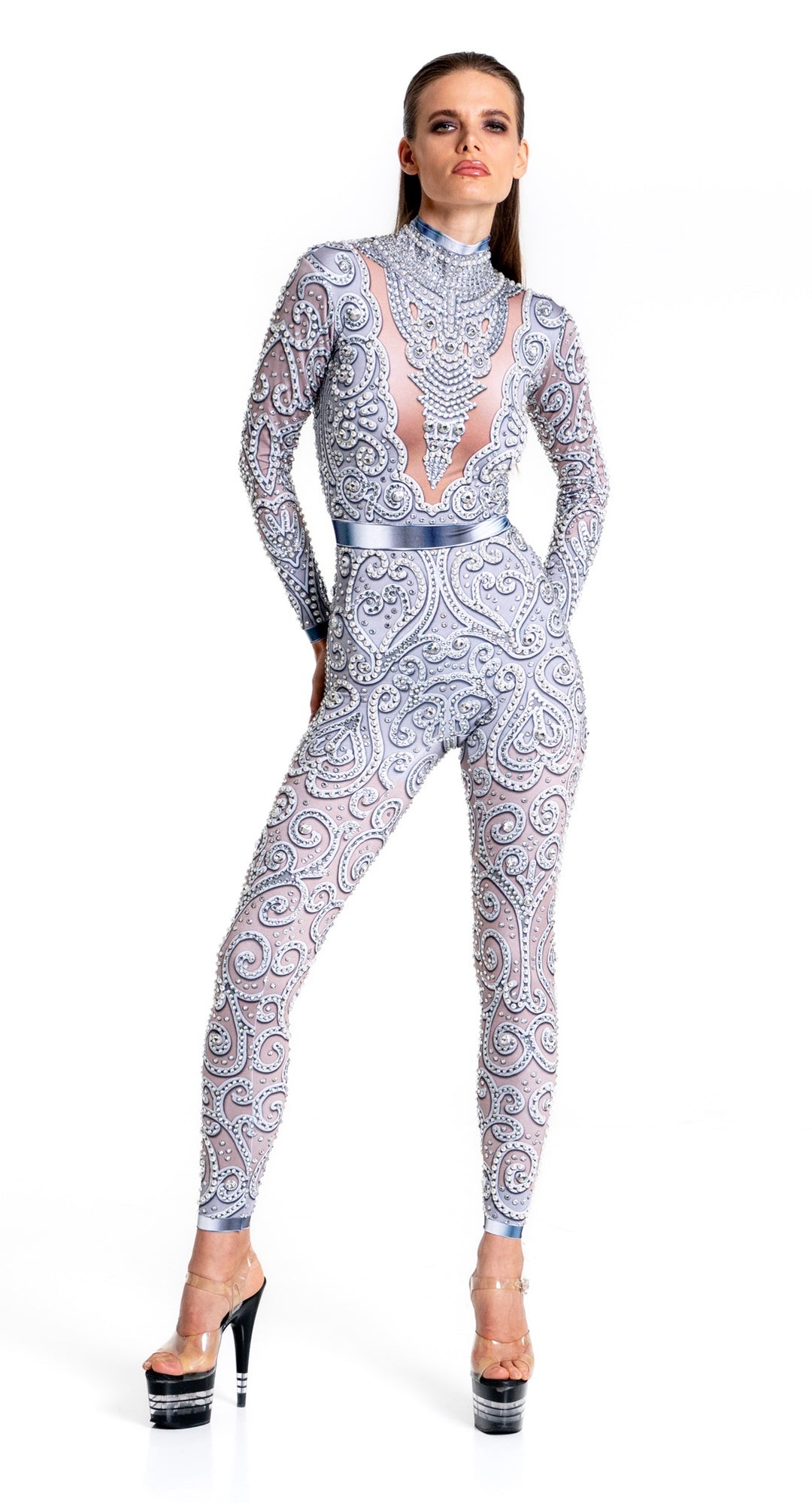 Close-up of pearl and crystal embellishments on the Venus Bodysuit