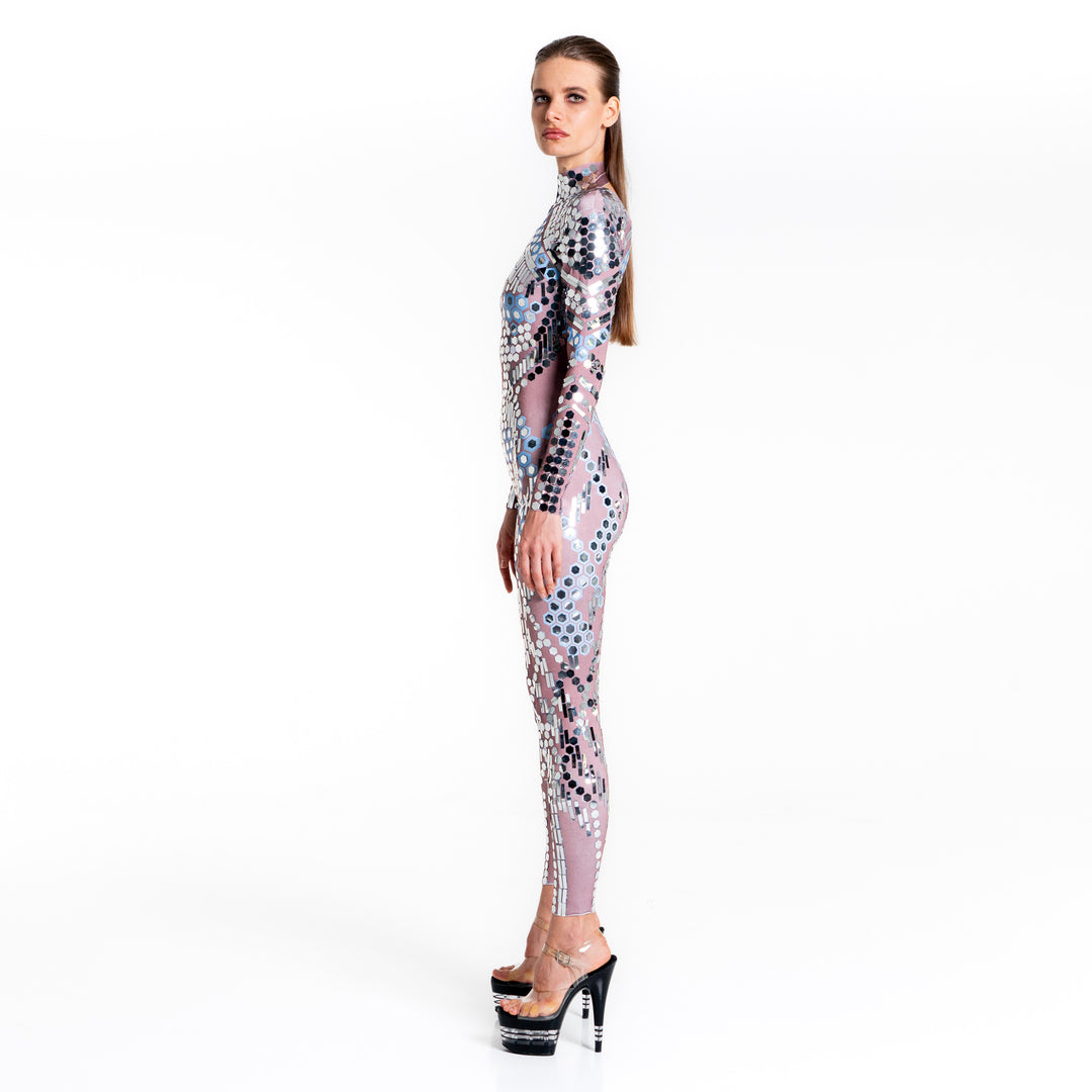 Space Babes Nude Reflective Sequin Bodysuit | Futuristic Festival Catsuit, Tomorrowland Rave Outfit & Mirror Stagewear – Manifestie