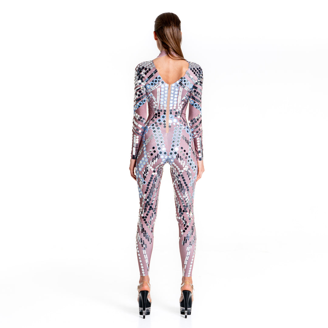 Space Babes Nude Reflective Sequin Bodysuit | Futuristic Festival Catsuit, Tomorrowland Rave Outfit & Mirror Stagewear – Manifestie