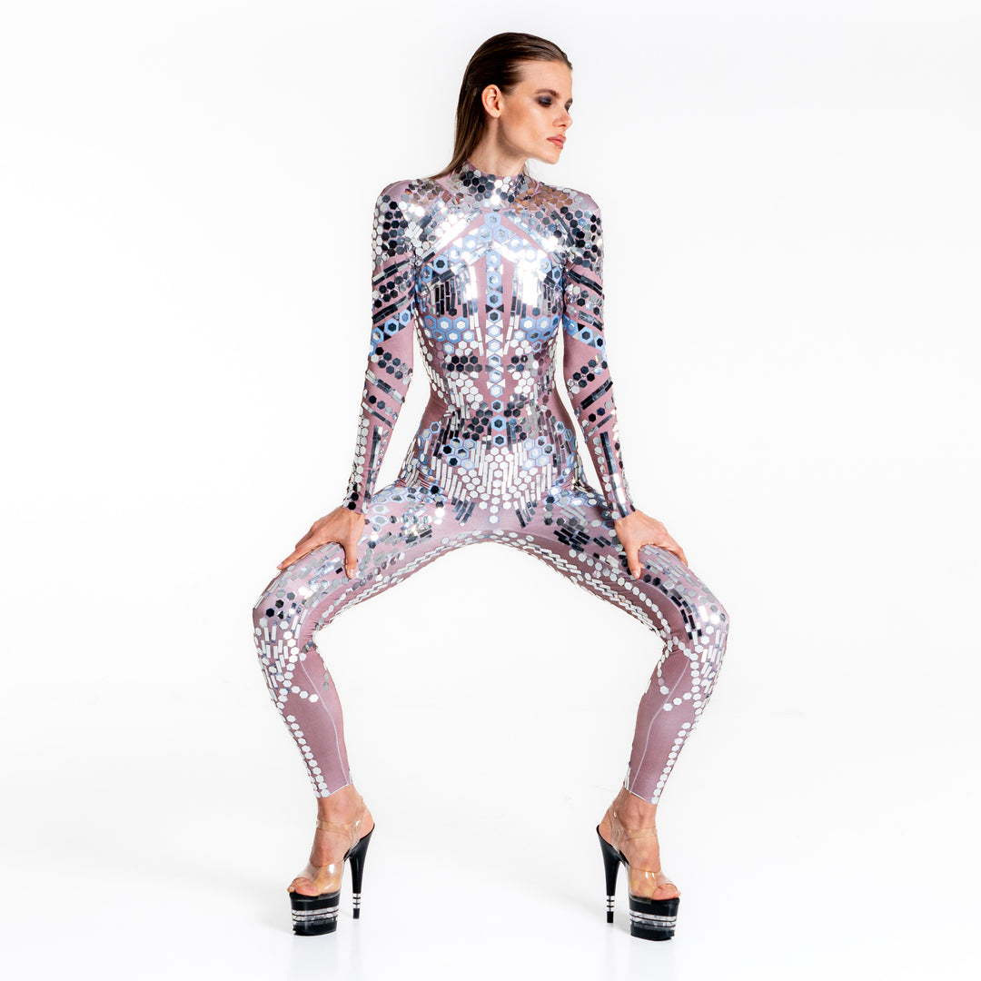 Space Babes Nude Reflective Sequin Bodysuit | Futuristic Festival Catsuit, Tomorrowland Rave Outfit & Mirror Stagewear – Manifestie