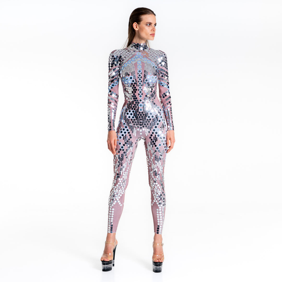 Space Babes Nude Reflective Sequin Bodysuit | Futuristic Festival Catsuit, Tomorrowland Rave Outfit & Mirror Stagewear – Manifestie