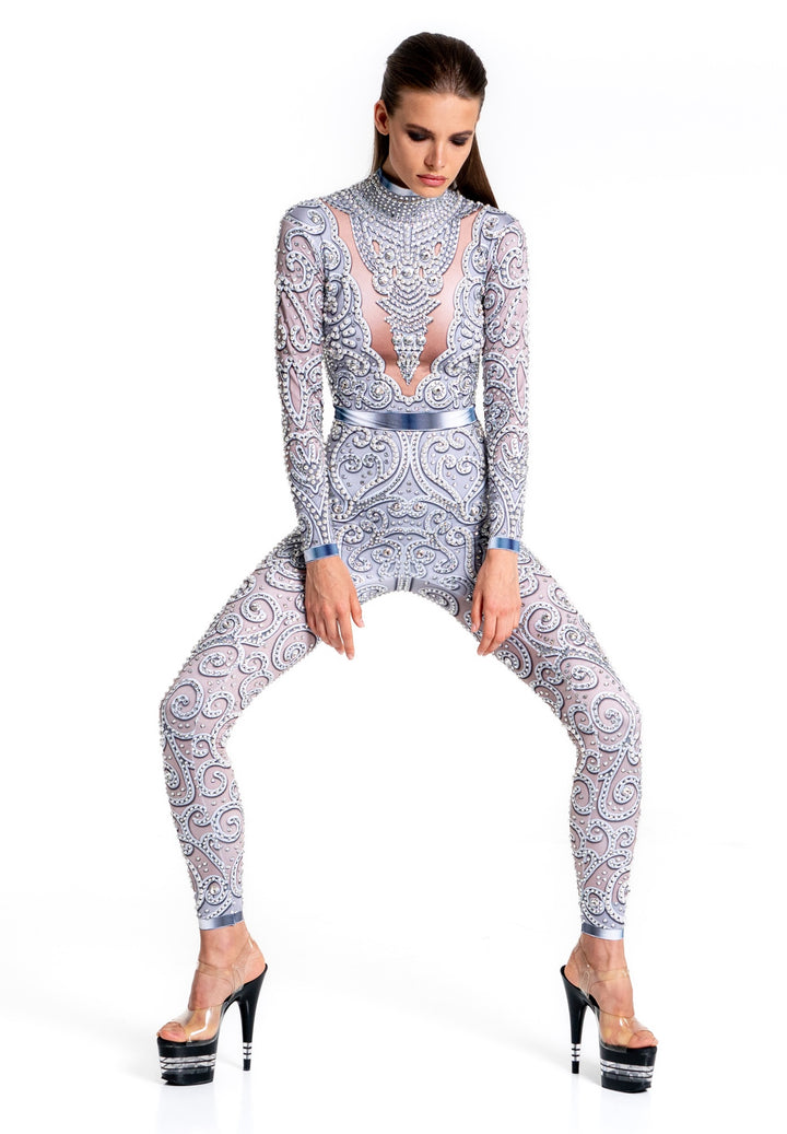 Venus Silver Rhinestone Bodysuit | Elegant Pearl & Crystal Festival Jumpsuit – Manifestie