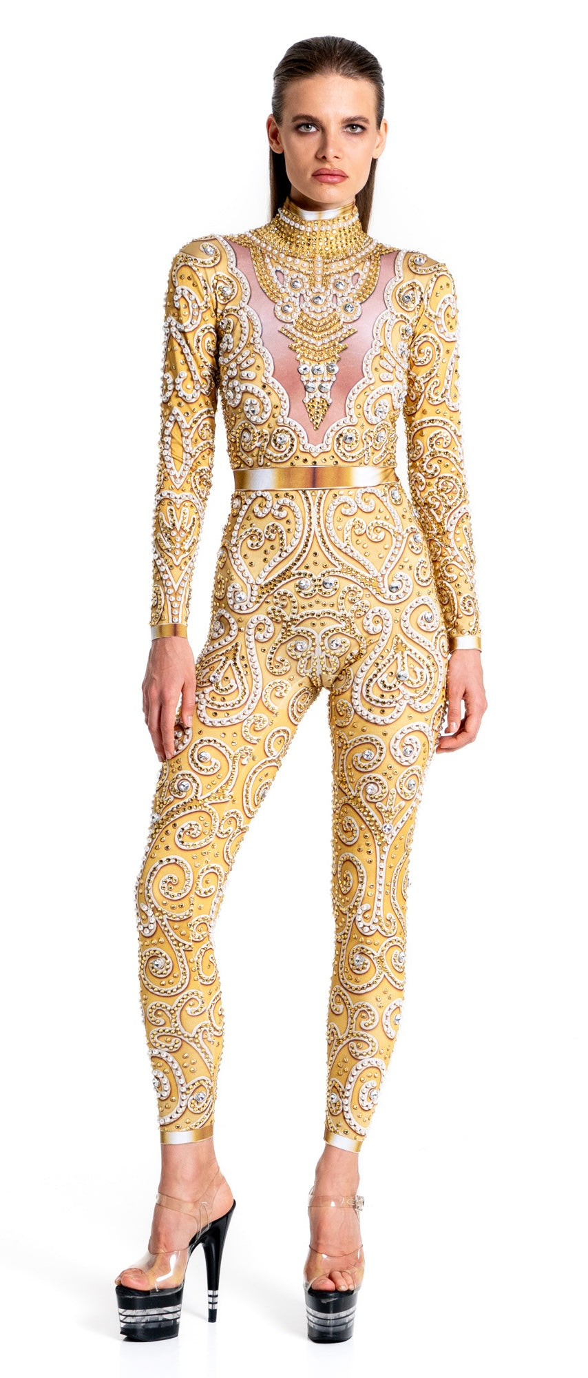 Venus Gold Rhinestone Bodysuit | Elegant Pearl & Crystal Festival Jumpsuit – Manifestie