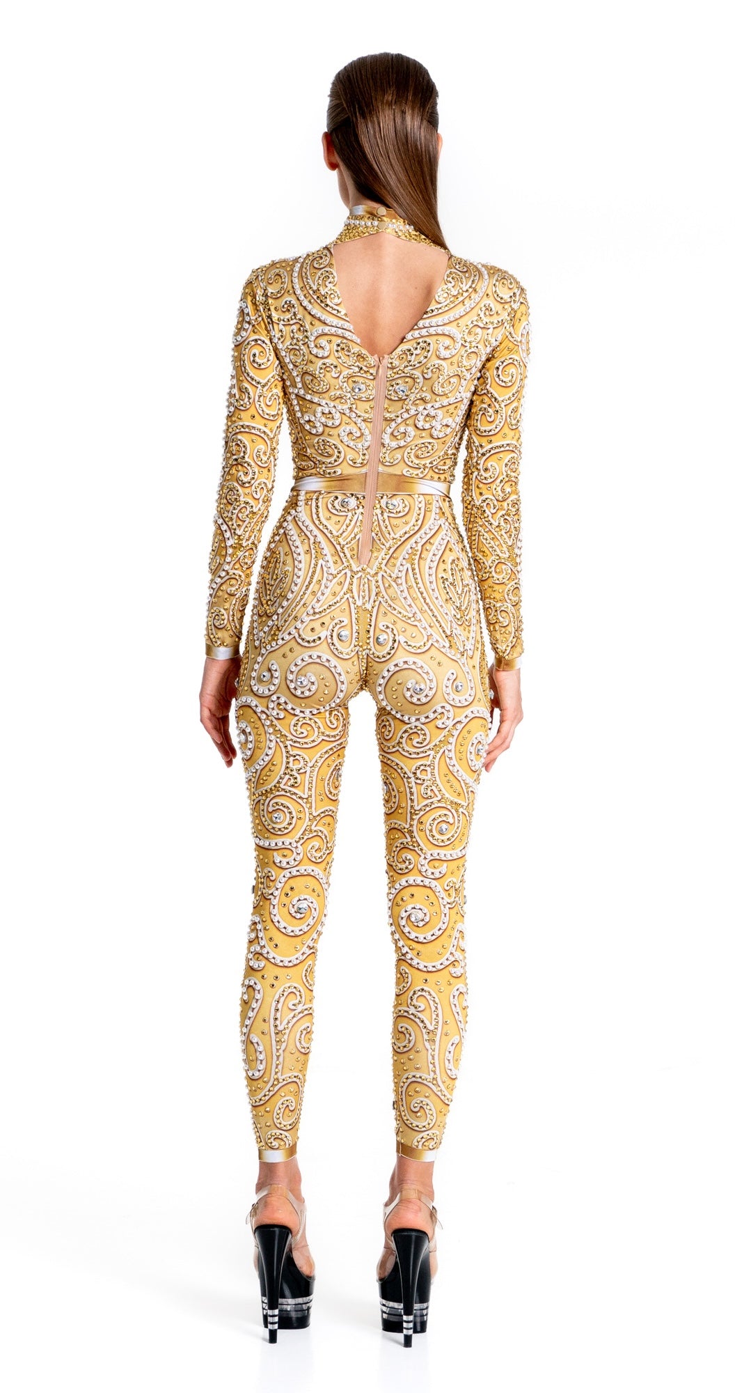 Venus Gold Rhinestone Bodysuit | Elegant Pearl & Crystal Festival Jumpsuit – Manifestie