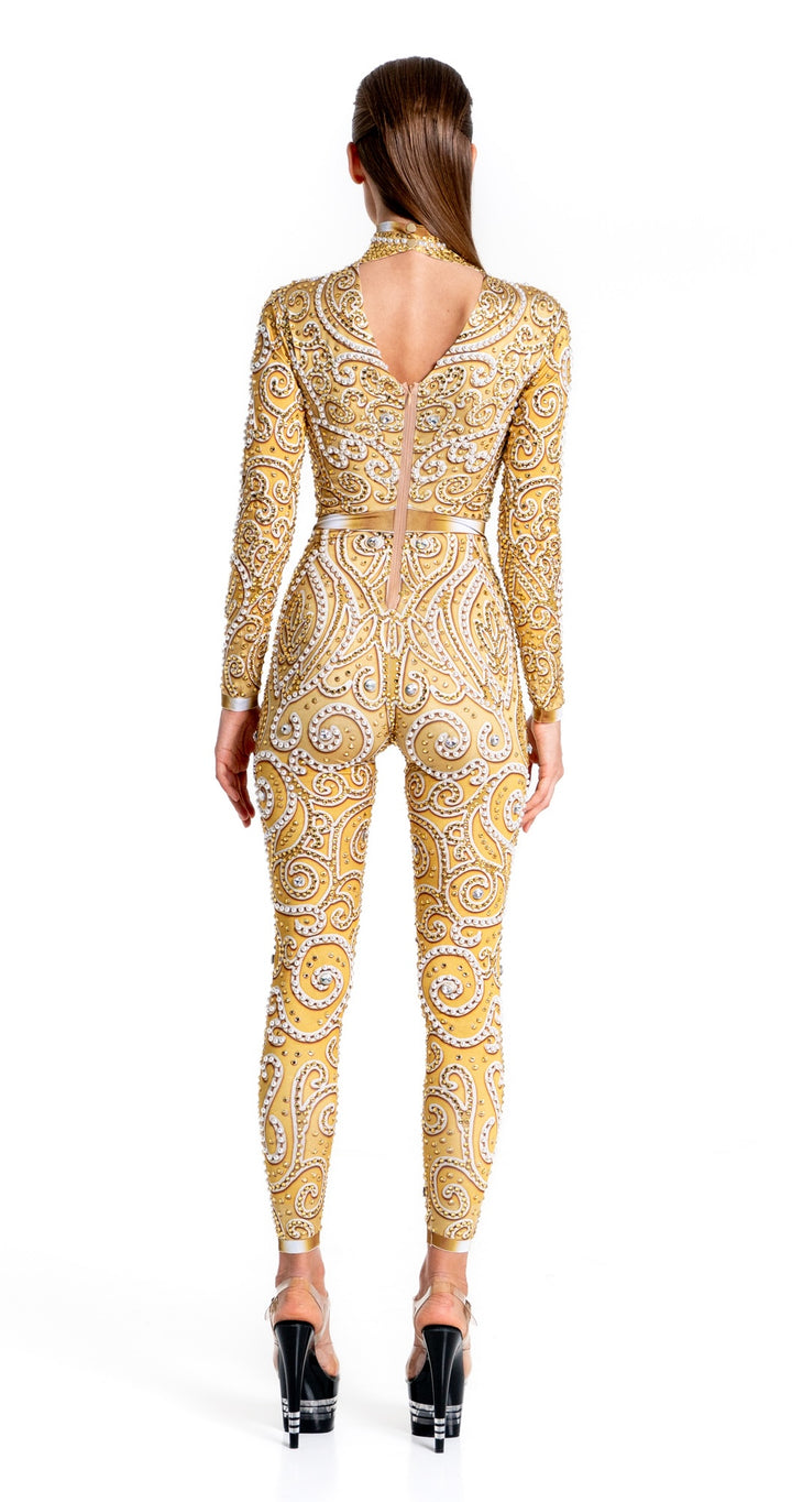 Venus Gold Rhinestone Bodysuit | Elegant Pearl & Crystal Festival Jumpsuit – Manifestie
