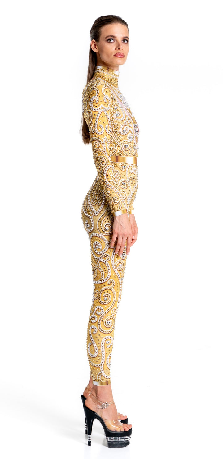 Venus Gold Rhinestone Bodysuit | Elegant Pearl & Crystal Festival Jumpsuit – Manifestie