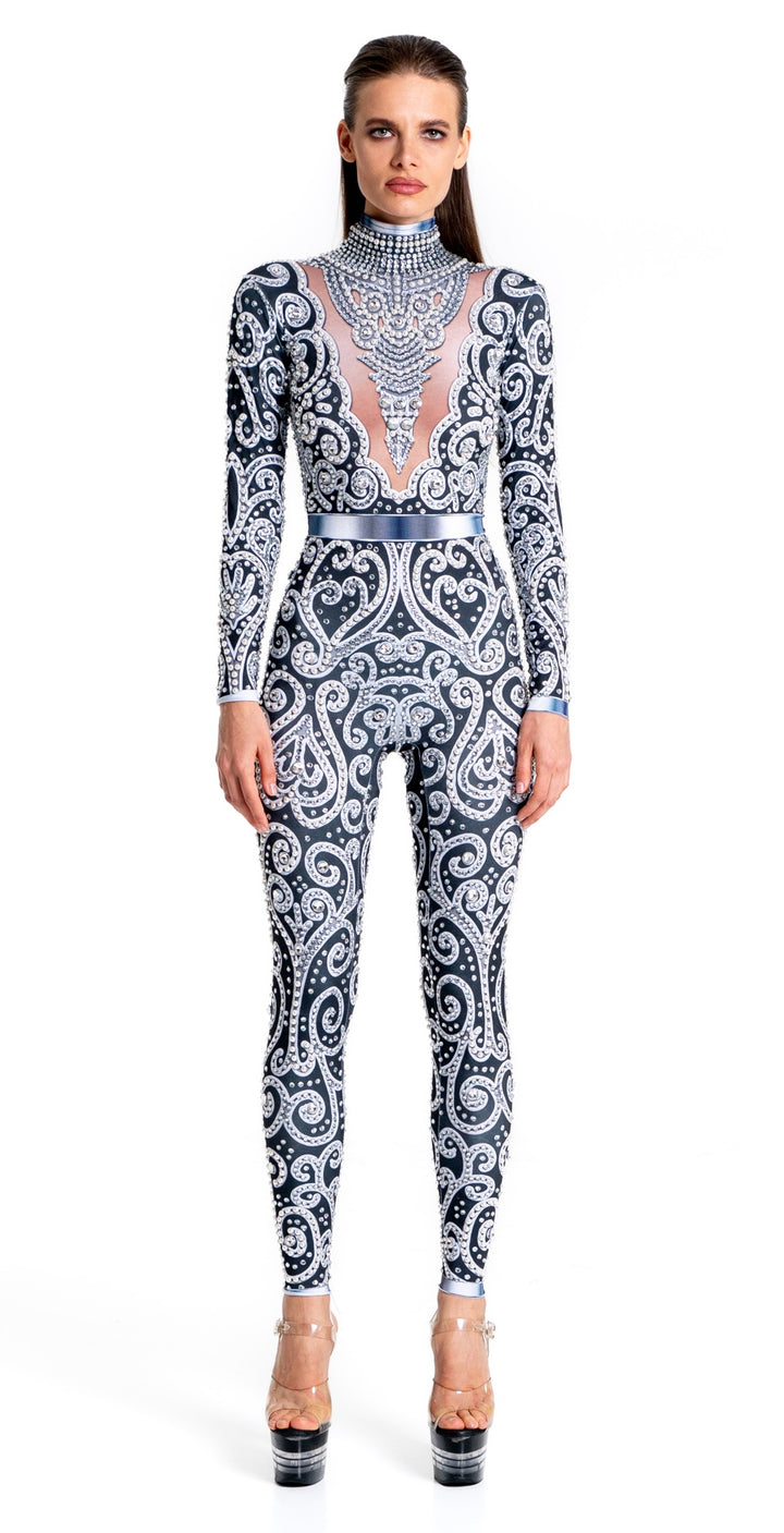 Luxury black bodysuit with pearl detailing – Venus Festival Outfit”
