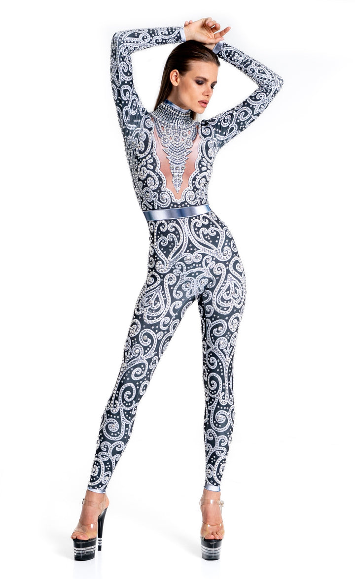 Venus Black Rhinestone Bodysuit | Elegant Pearl & Crystal Festival Jumpsuit – Manifestie