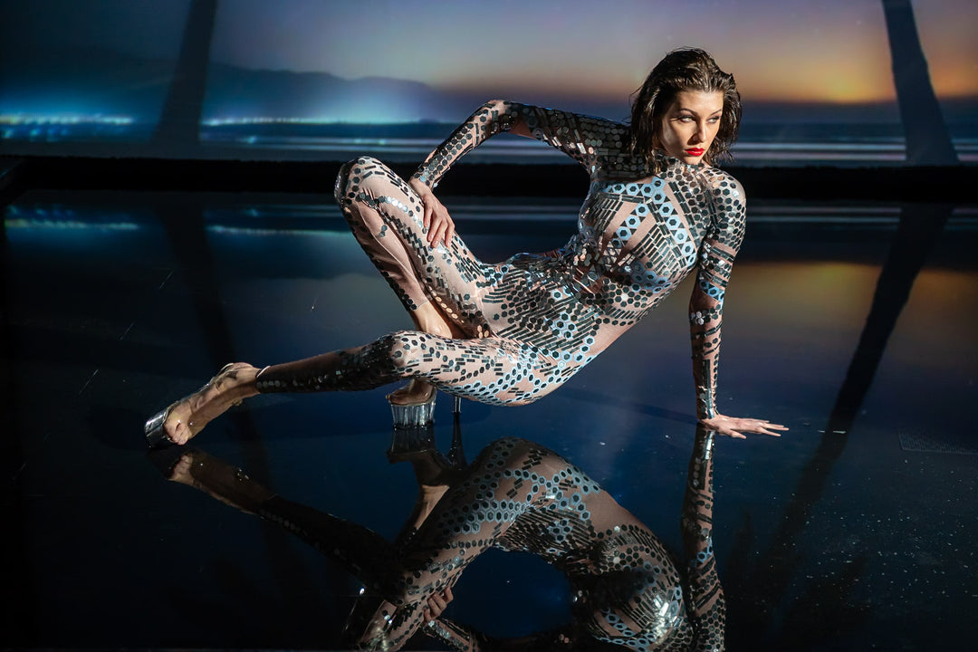 Space Babes Nude Reflective Sequin Bodysuit | Futuristic Festival Catsuit, Tomorrowland Rave Outfit & Mirror Stagewear – Manifestie