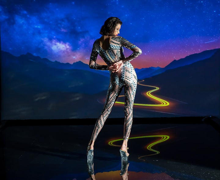 Space Babes Nude Reflective Sequin Bodysuit | Futuristic Festival Catsuit, Tomorrowland Rave Outfit & Mirror Stagewear – Manifestie