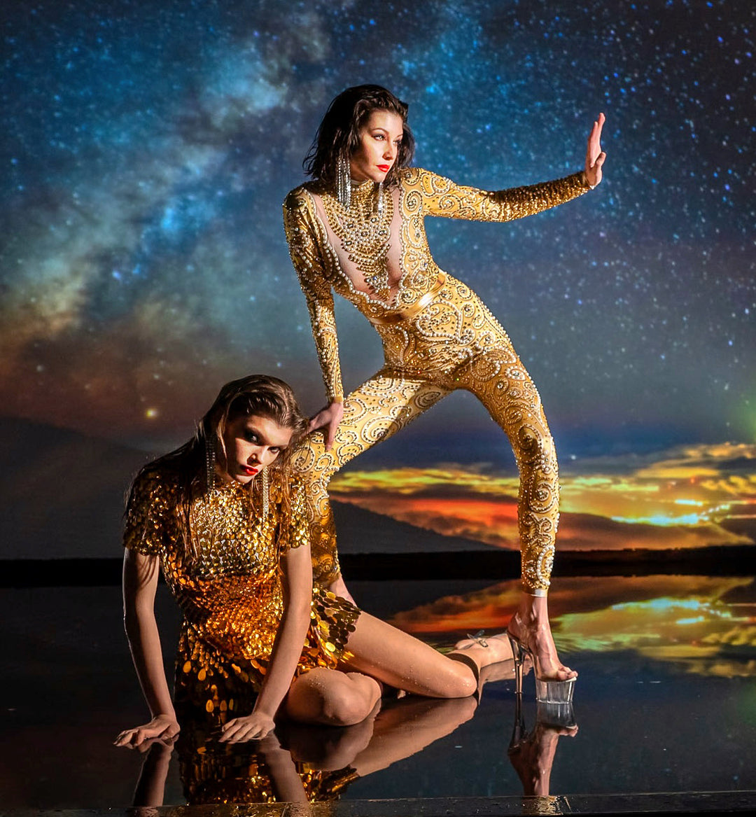Venus Gold Rhinestone Bodysuit | Elegant Pearl & Crystal Festival Jumpsuit – Manifestie