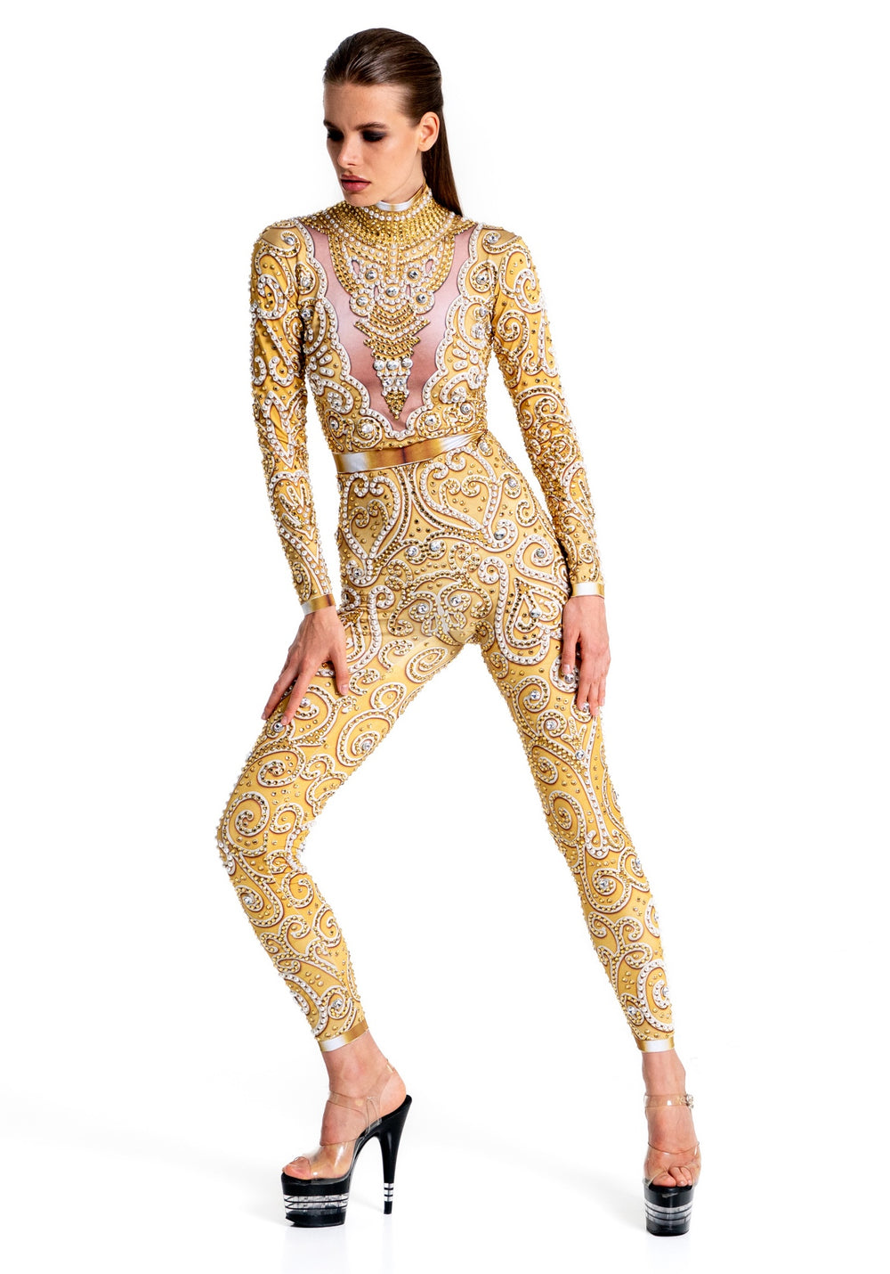 Elegant gold rhinestone jumpsuit for festivals and weddings – Venus by Manifestie