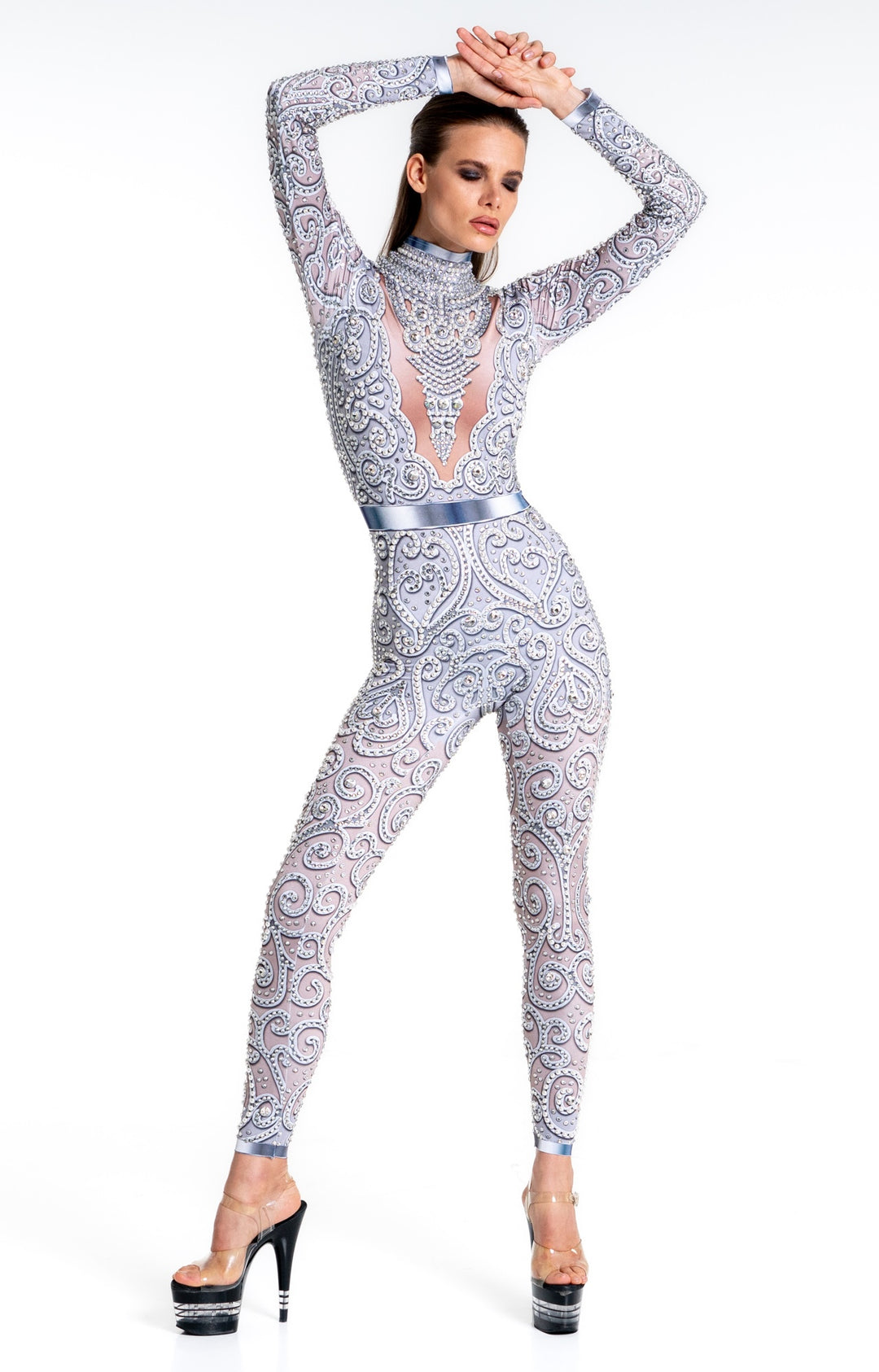 Elegant silver rhinestone jumpsuit for festivals and weddings – Venus by Manifestie