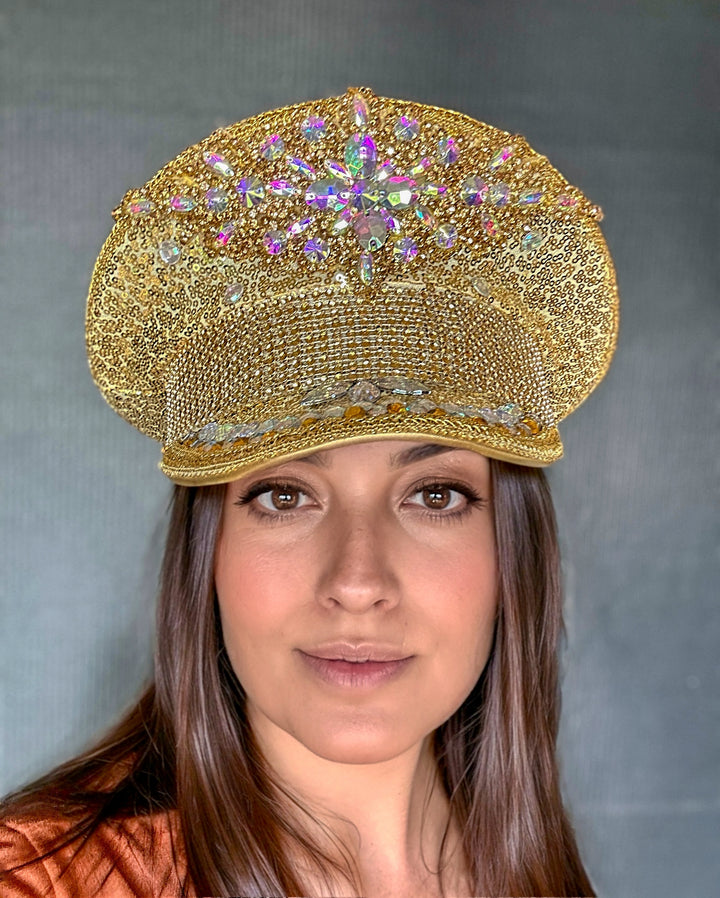 Rainbow Gold Rhinestone Hat / Sequin Hat / Party Captain Hat / Festival Hat / Burning Man Hat / EDC Hat, Rave Hat / Birthday Hat, Custom Hat