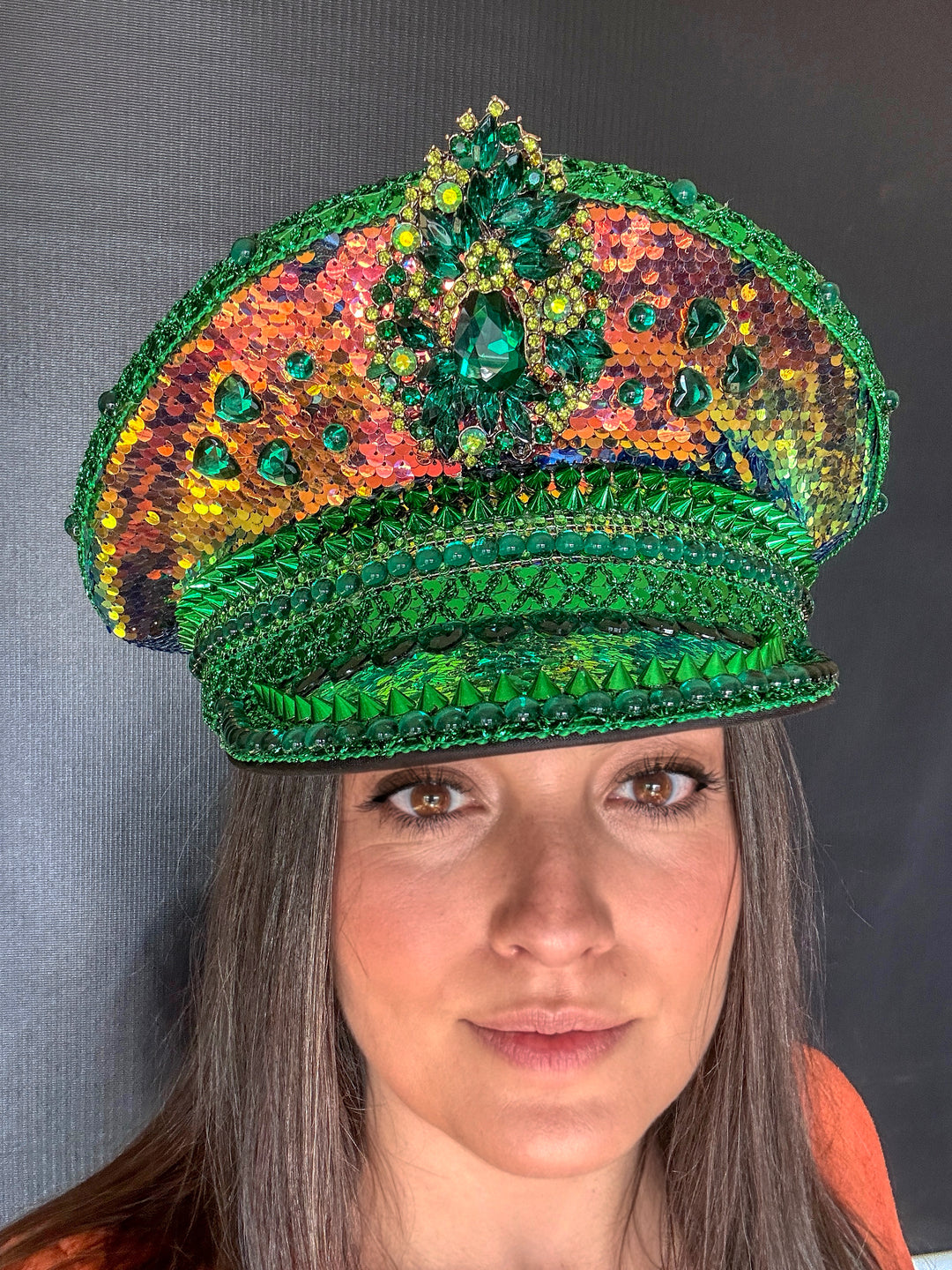 Green and Gold Saint Patricks Day Rhinestone Hat, Party Captain Hat, Rainbow Sequin Festival Hat, Rave Hat, Birthday Hat, Custom Word Hat
