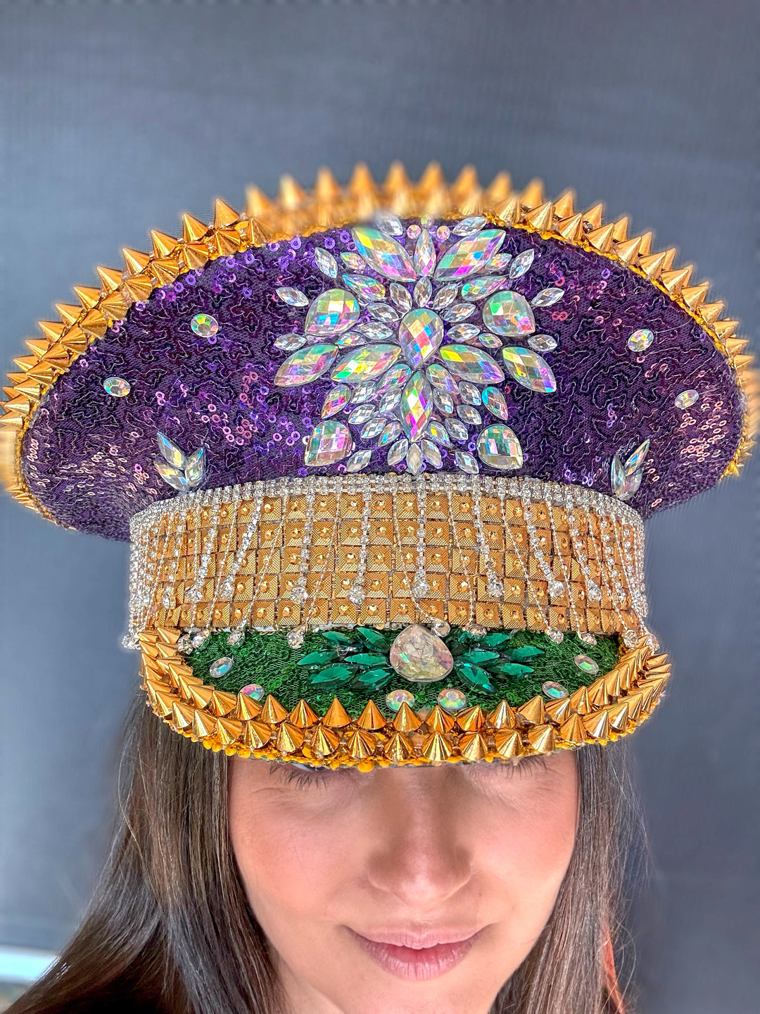 Purple and Gold Mardi Gras Rhinestone Hat / Jazz Fest Hat, Party Captain Hat, Sequin Festival Hat, Rave Hat, Birthday Hat, Custom Phrase Hat