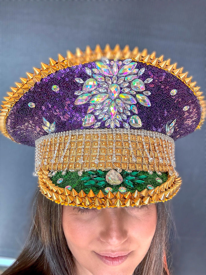 Purple and Gold Mardi Gras Rhinestone Hat / Jazz Fest Hat, Party Captain Hat, Sequin Festival Hat, Rave Hat, Birthday Hat, Custom Phrase Hat