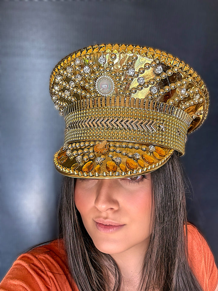 Shiny Gold Rhinestone Hat / Sequin Hat / Party Captain Hat / Festival Hat / Burning Man Hat / EDC Hat, Rave Hat / Birthday Hat, Custom Hat