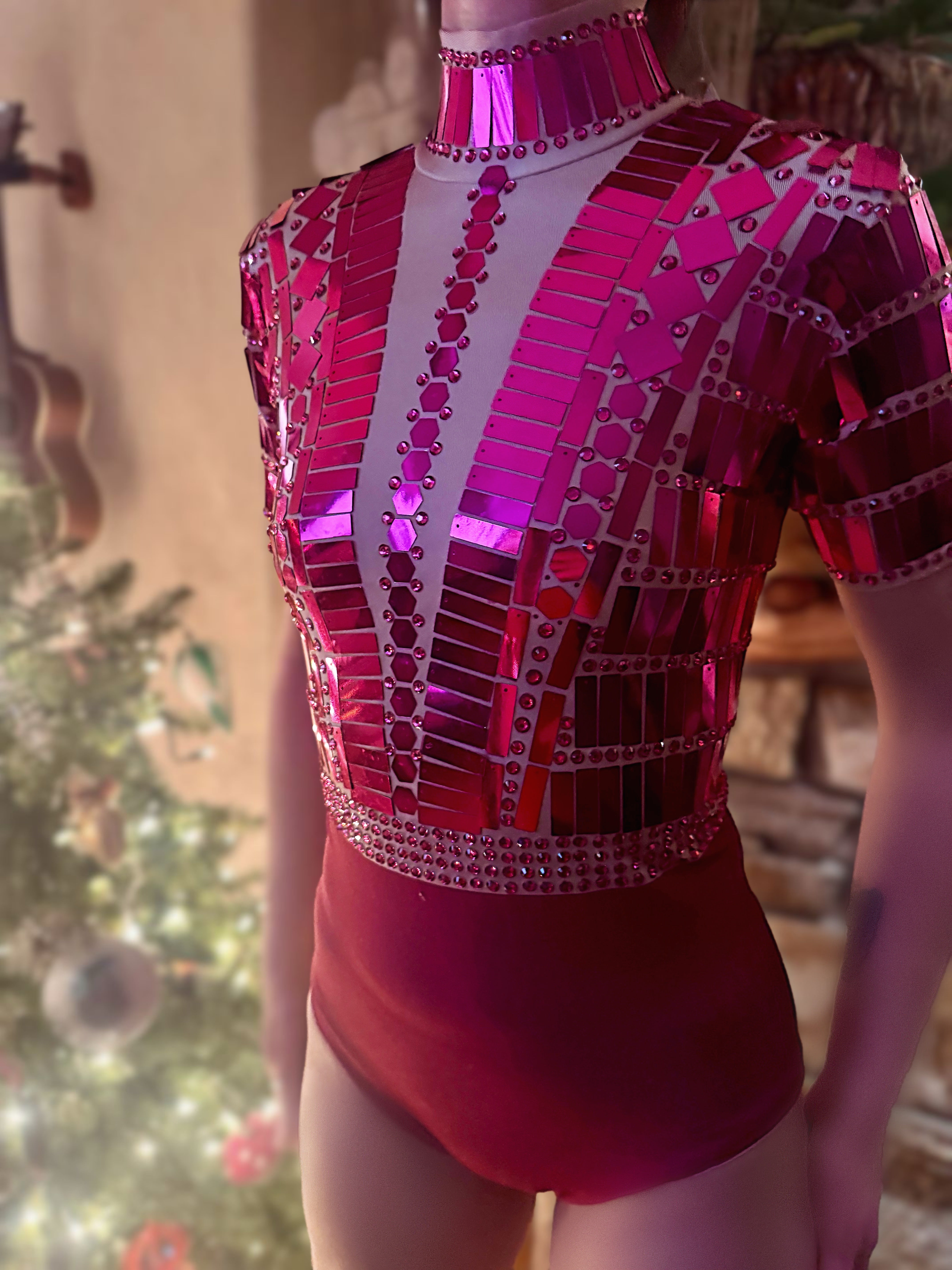 Electra Reflective Sequins Party Dress / Pink leotard and skirt, Futuristic Reflective Festival Outfit, Disco Dance Costume, Mirror Bodysuit
