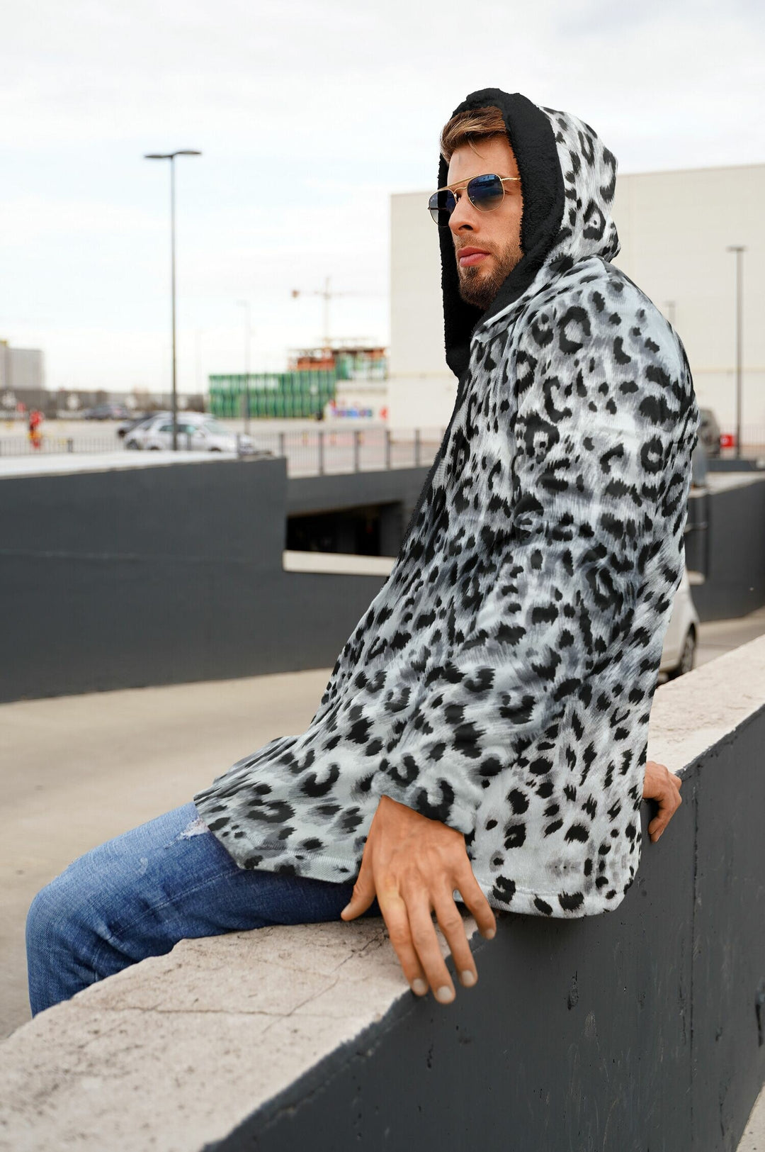Snow Leopard Cuddle Cloak | Unisex Minky Sherpa Lined Hooded Coat | Women and Mens Festival Coat | Mountain Fashion