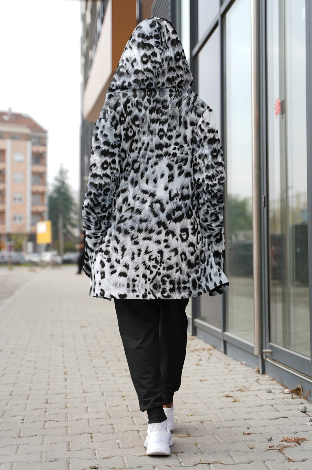 Snow Leopard Cuddle Cloak | Unisex Minky Sherpa Lined Hooded Coat | Women and Mens Festival Coat | Mountain Fashion