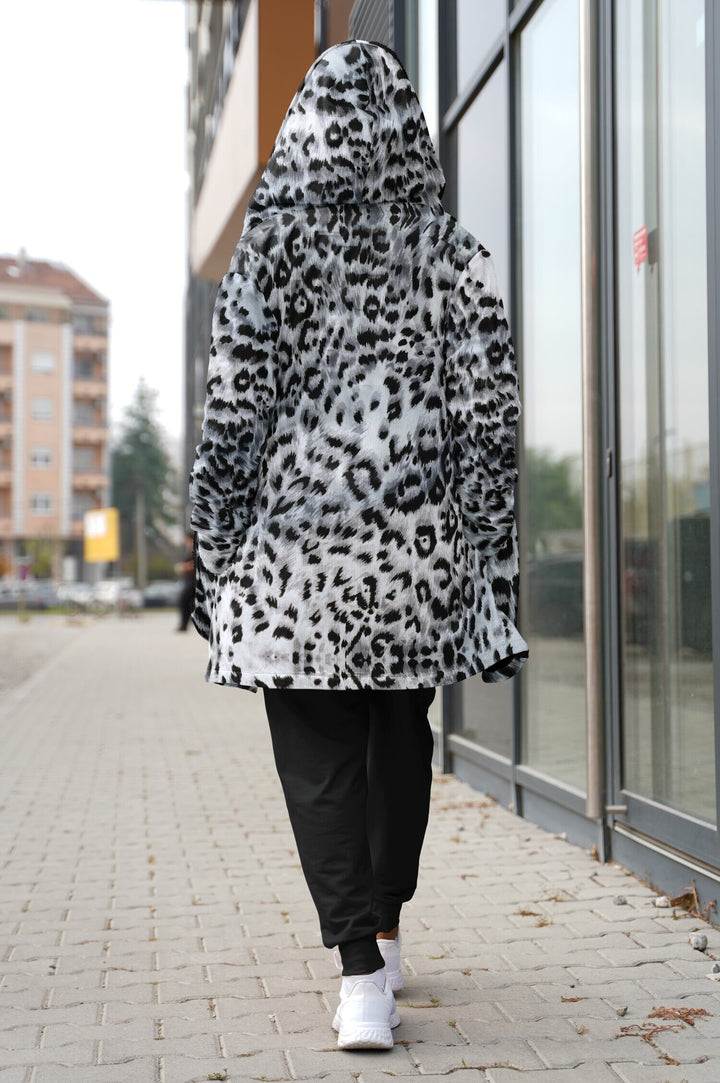 Snow Leopard Cuddle Cloak | Unisex Minky Sherpa Lined Hooded Coat | Women and Mens Festival Coat | Mountain Fashion