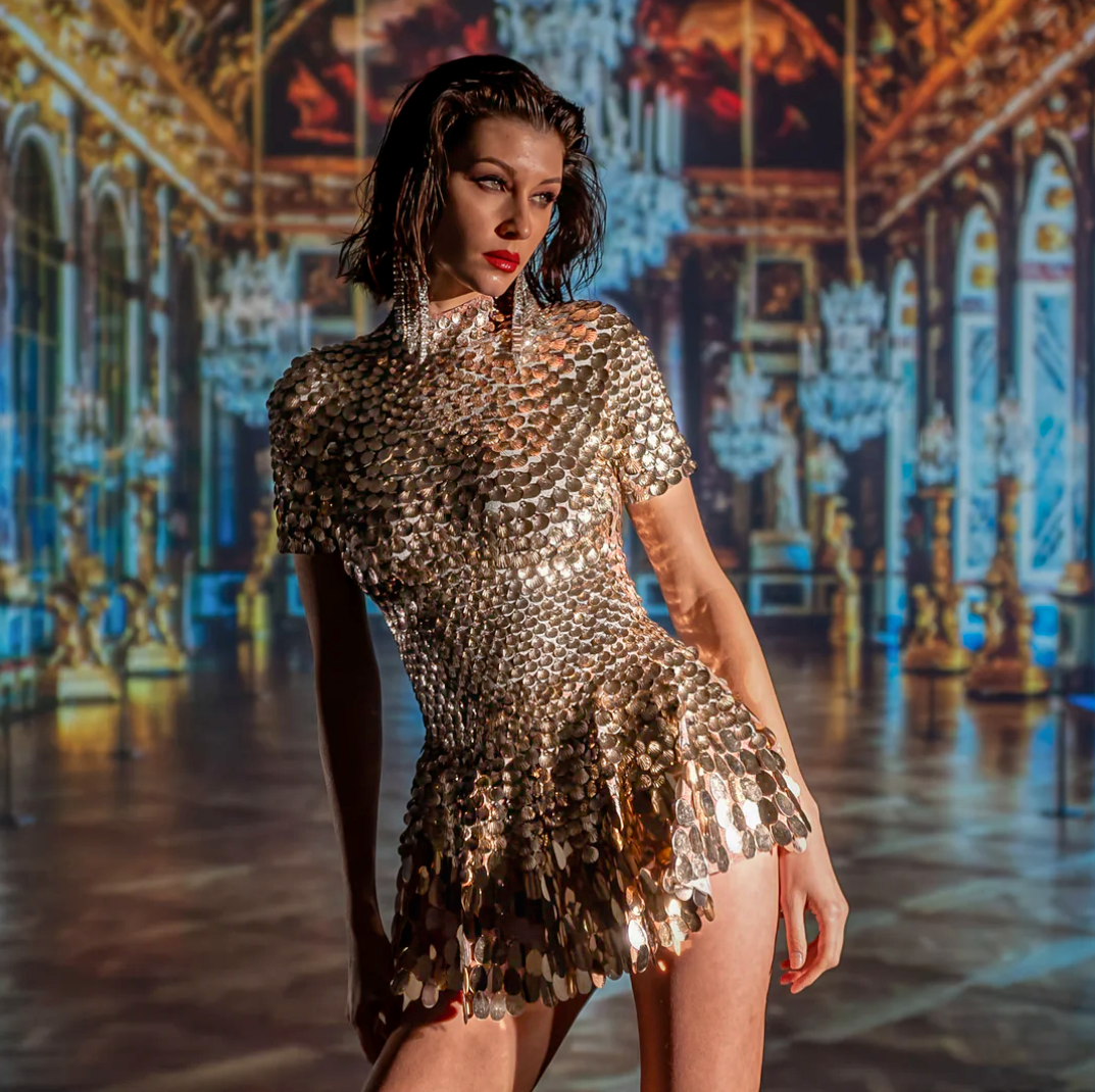 Helen Rose Gold Sequin Mini Dress | Metallic Seashell Festival & Party Outfit – Manifestie