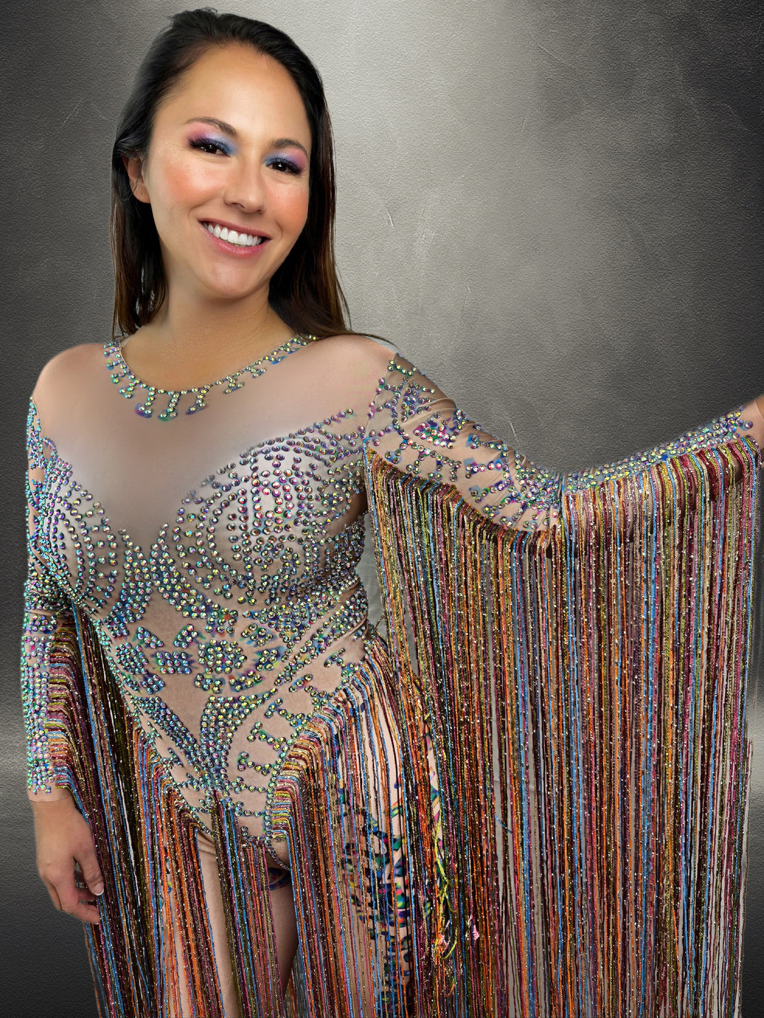 The Elton Rhinestone Fringe Bodysuit by Manifestie – Long Tassel Stage Outfit