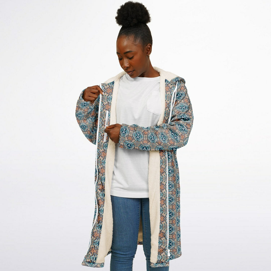 Mystic Mirror Cuddle Coat | Orang, Blue Face | Unisex Minky Sherpa Lined Coat with Hood, Zipper and Pockets | Women and Mens Festival Coat | Mountain Fashion