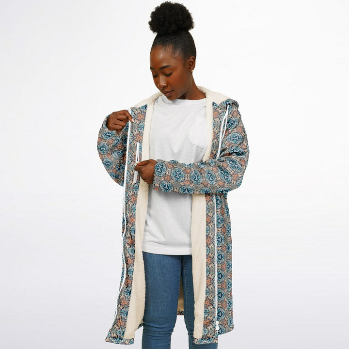 Mystic Mirror Cuddle Coat | Orang, Blue Face | Unisex Minky Sherpa Lined Coat with Hood, Zipper and Pockets | Women and Mens Festival Coat | Mountain Fashion