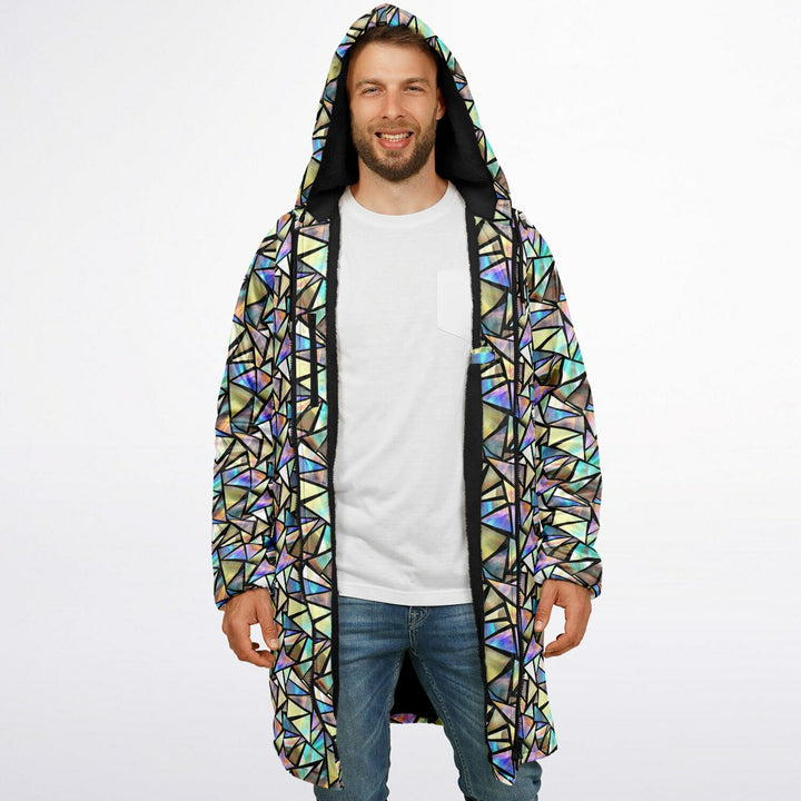 Geo Prism Cuddle Coat | Unisex Minky Sherpa Lined Coat with Hood, Zipper and Pockets | Women and Mens Festival Coat | Mountain Fashion
