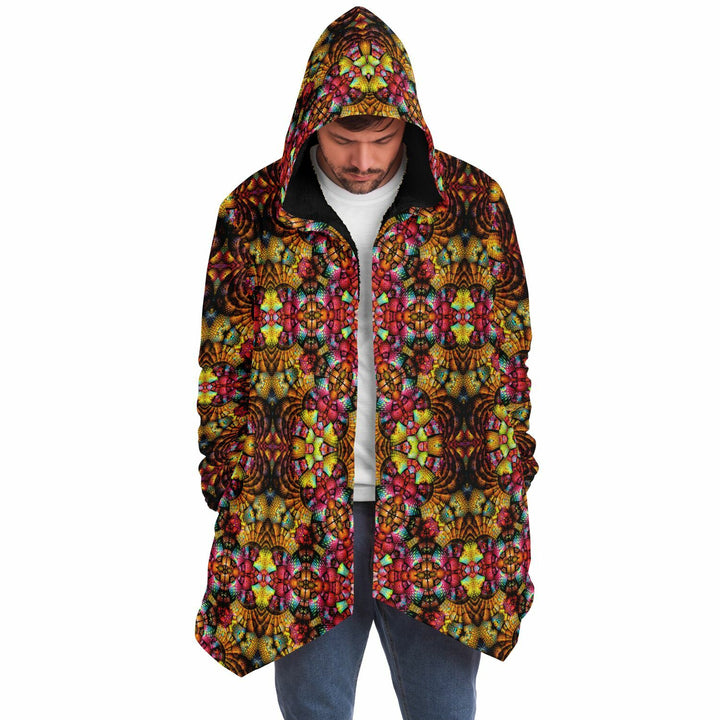 Fractal Glass Cuddle Cloak | Unisex Minky Sherpa Lined Hooded Coat | Women and Mens Festival Coat | Mountain Fashion