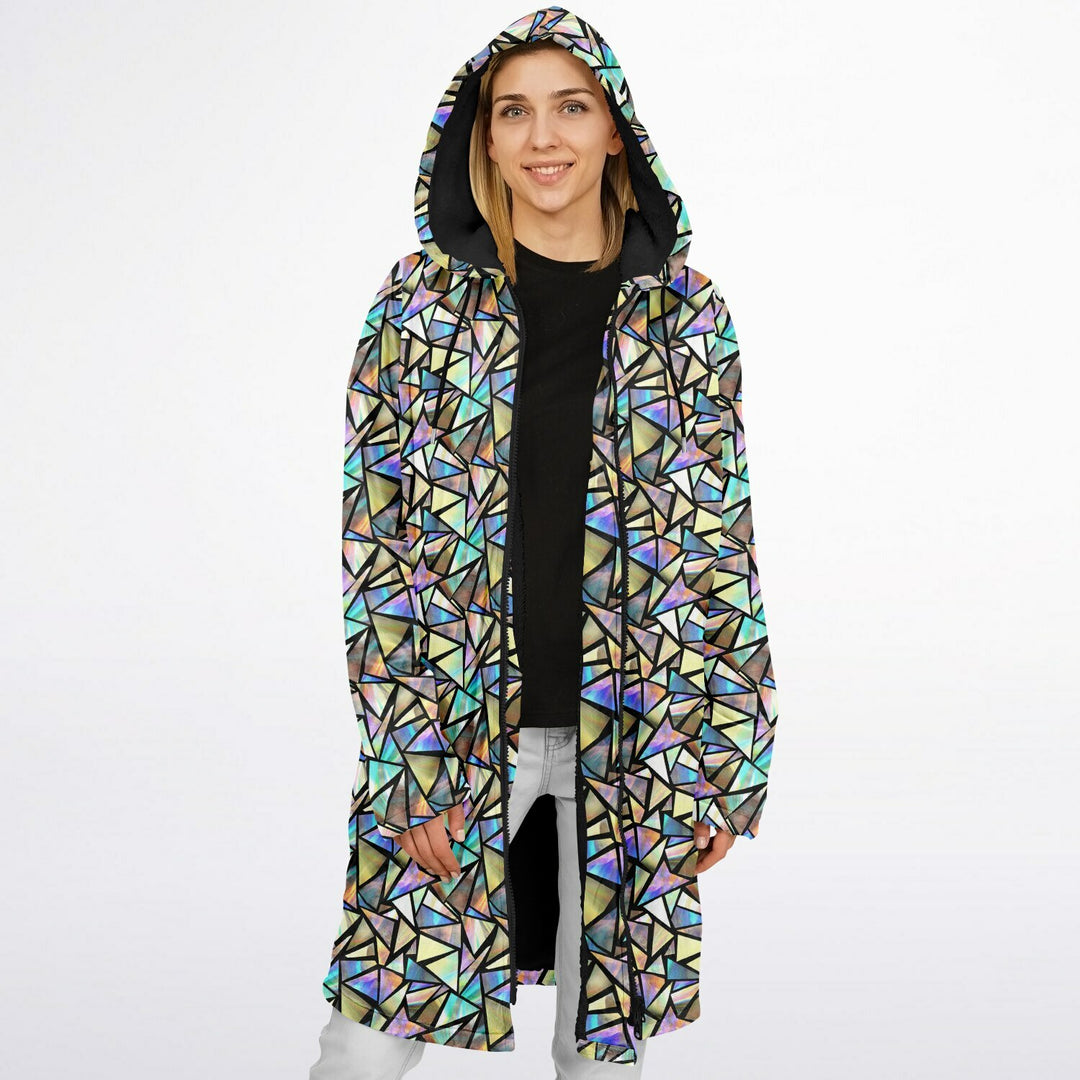 Geo Prism Cuddle Coat | Unisex Minky Sherpa Lined Coat with Hood, Zipper and Pockets | Women and Mens Festival Coat | Mountain Fashion