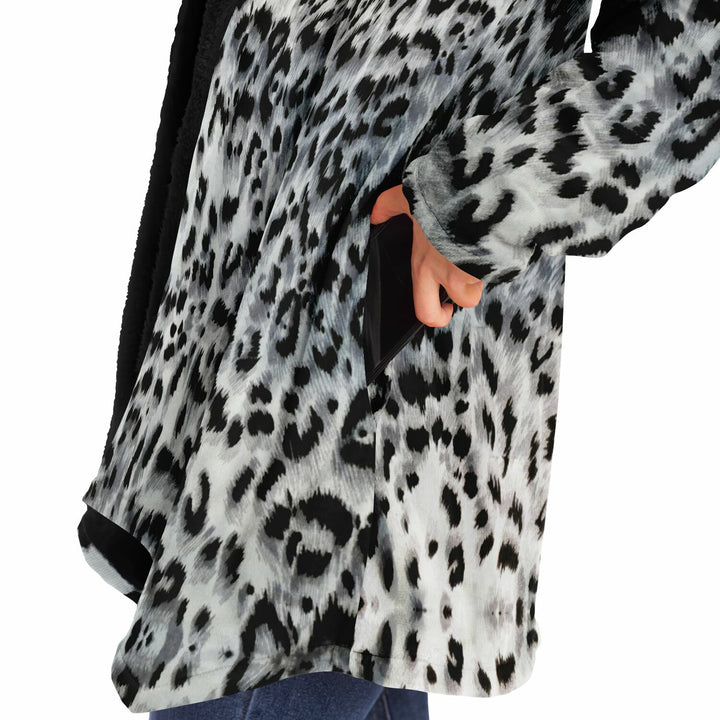 Snow Leopard Cuddle Cloak | Unisex Minky Sherpa Lined Hooded Coat | Women and Mens Festival Coat | Mountain Fashion