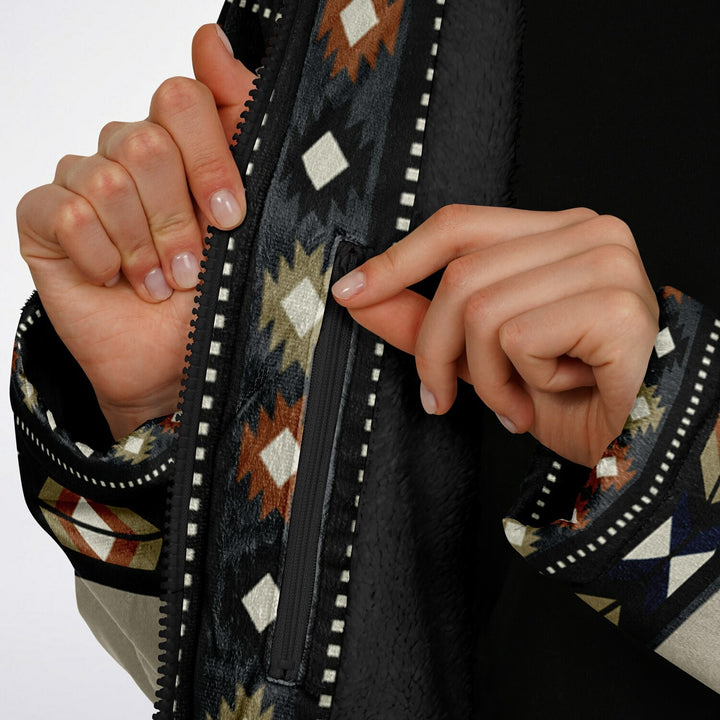 Izel Aztec Tribal Cuddle Coat | Unisex Minky Sherpa Lined Coat with Hood, Zipper and Pockets | Women and Mens Festival Coat | Mountain Fashion