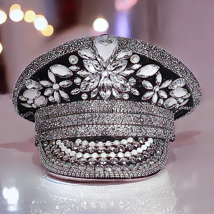 Black and Silver Rhinestone Hat / Sequin Hat / Party Captain Hat / Festival Hat, EDC Hat, Rave Hat / Birthday Hat / Custom Phrase Hat
