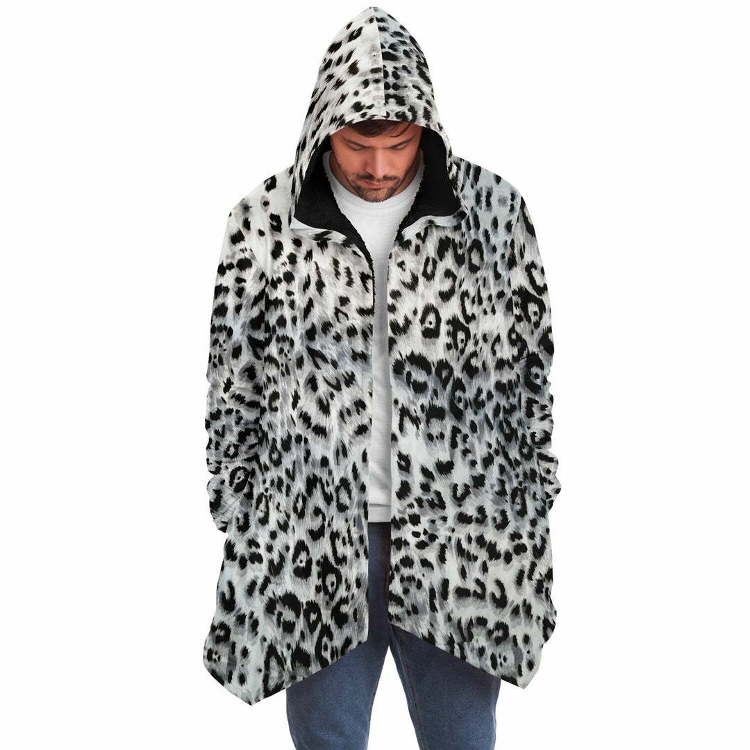 Snow Leopard Cuddle Cloak | Unisex Minky Sherpa Lined Hooded Coat | Women and Mens Festival Coat | Mountain Fashion