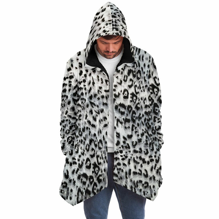 Snow Leopard Cuddle Cloak | Unisex Minky Sherpa Lined Hooded Coat | Women and Mens Festival Coat | Mountain Fashion
