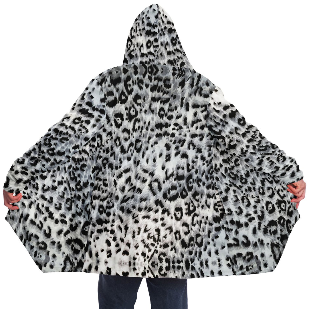 Snow Leopard Cuddle Cloak | Unisex Minky Sherpa Lined Hooded Coat | Women and Mens Festival Coat | Mountain Fashion