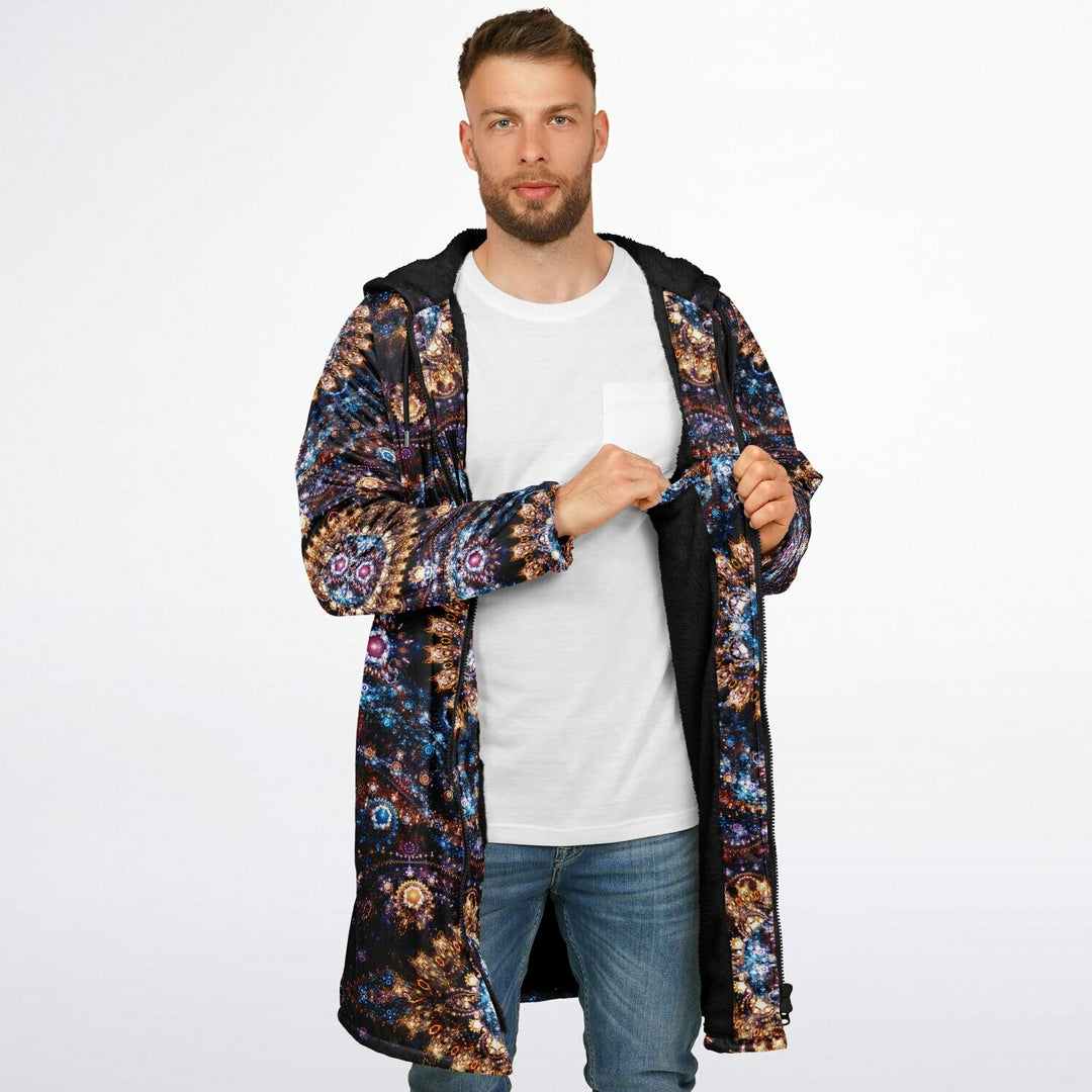 Cosmic Plane Cuddle Coat | Unisex Minky Sherpa Lined Coat with Hood, Zipper and Pockets | Women and Mens Festival Coat | Mountain Fashion