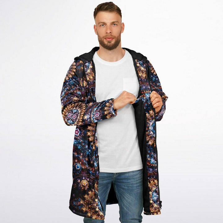Cosmic Plane Cuddle Coat | Unisex Minky Sherpa Lined Coat with Hood, Zipper and Pockets | Women and Mens Festival Coat | Mountain Fashion