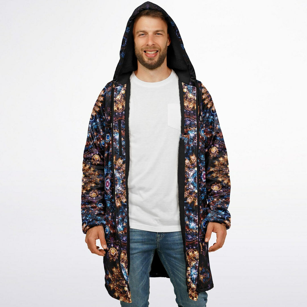 Cosmic Plane Cuddle Coat | Unisex Minky Sherpa Lined Coat with Hood, Zipper and Pockets | Women and Mens Festival Coat | Mountain Fashion
