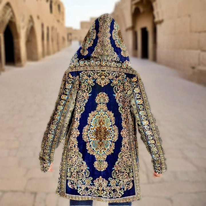 Classic Persian Carpet Cuddle Cloak | Qom, Blue and Gold | Unisex Minky Sherpa Hooded Coat