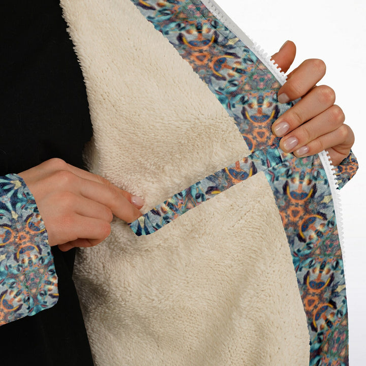 Mystic Mirror Cuddle Coat | Orang, Blue Face | Unisex Minky Sherpa Lined Coat with Hood, Zipper and Pockets | Women and Mens Festival Coat | Mountain Fashion