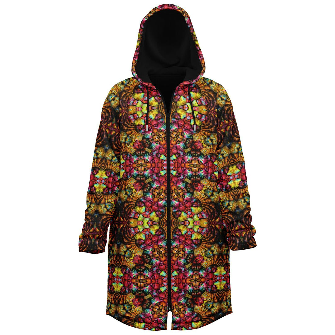 Fractal Glass Cuddle Coat | Unisex Minky Sherpa Lined Coat with Hood, Zipper and Pockets | Women and Mens Festival Coat | Mountain Fashion