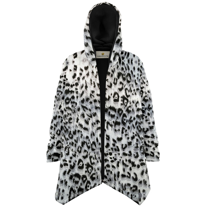 Snow Leopard Cuddle Cloak | Unisex Minky Sherpa Lined Hooded Coat | Women and Mens Festival Coat | Mountain Fashion